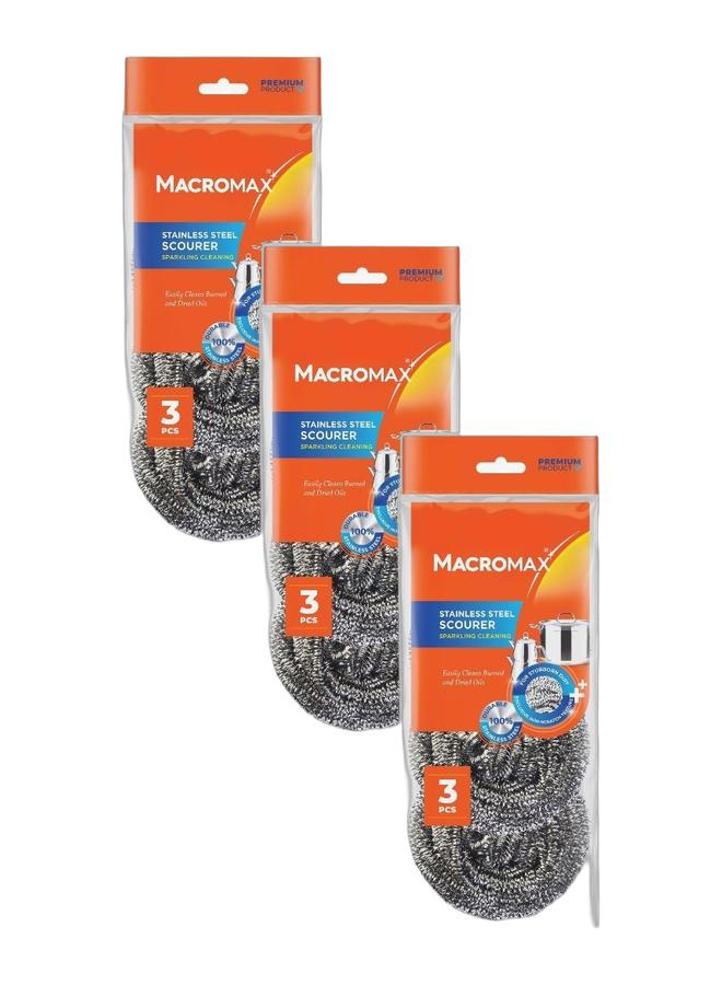 Macromax مجموعة ماكروماكس من ليفة تنظيف من الفولاذ المقاوم للصدأ - 3 قطع | ليفة معدنية متينة مقاومة للصدأ لتنظيف الأواني والمقالي وأدوات المطبخ - Image 1